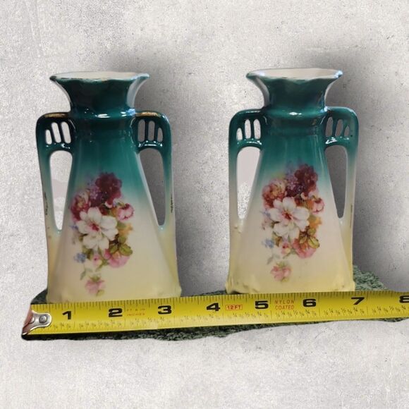 Pair Vintage Czechoslovakian Double Handle Bud Vases Hand Painted Roses Teal - Picture 8 of 8